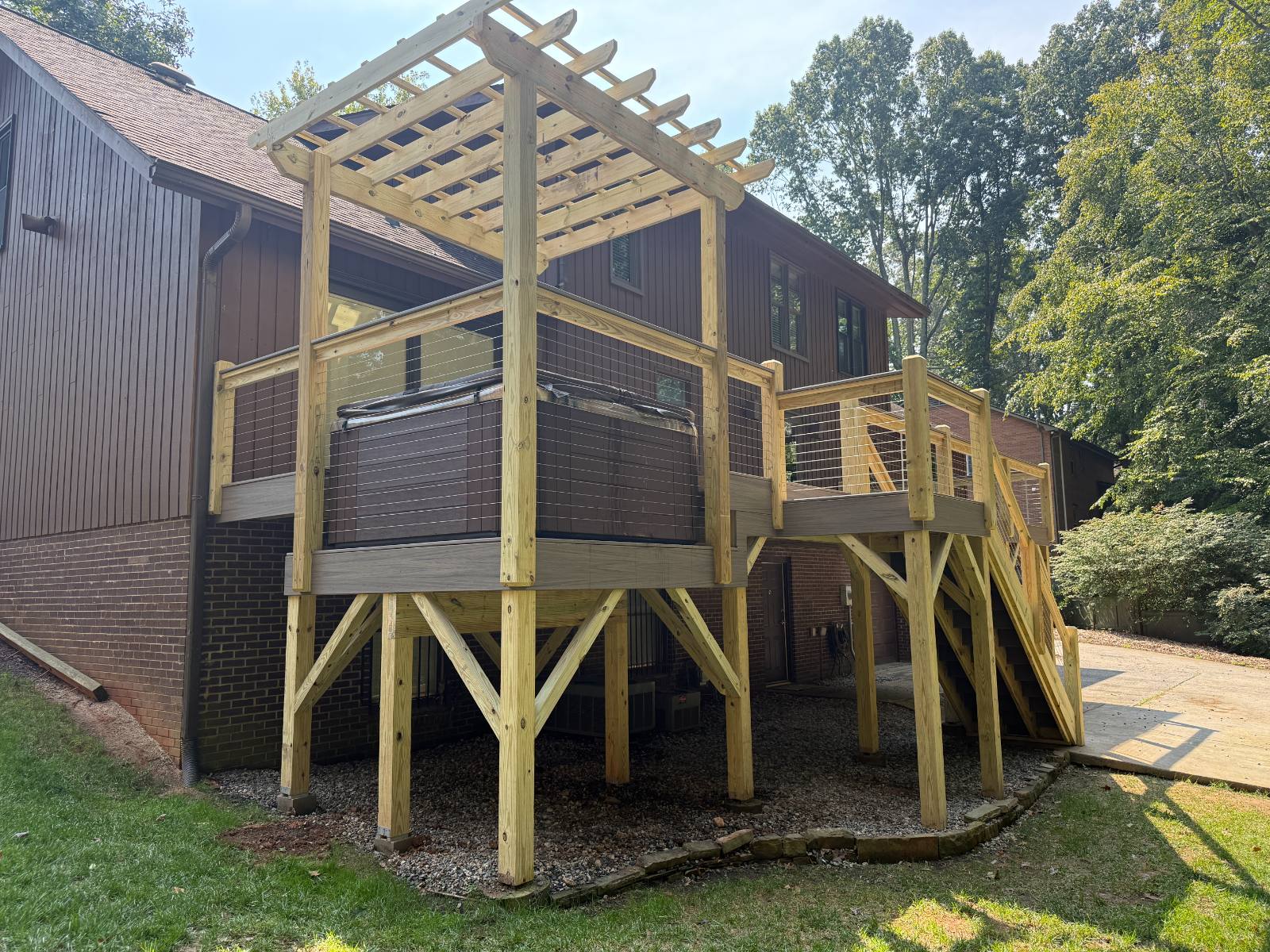 Custom Composite Deck with Pergola, Cable Railings & Drop - in Hot Tub